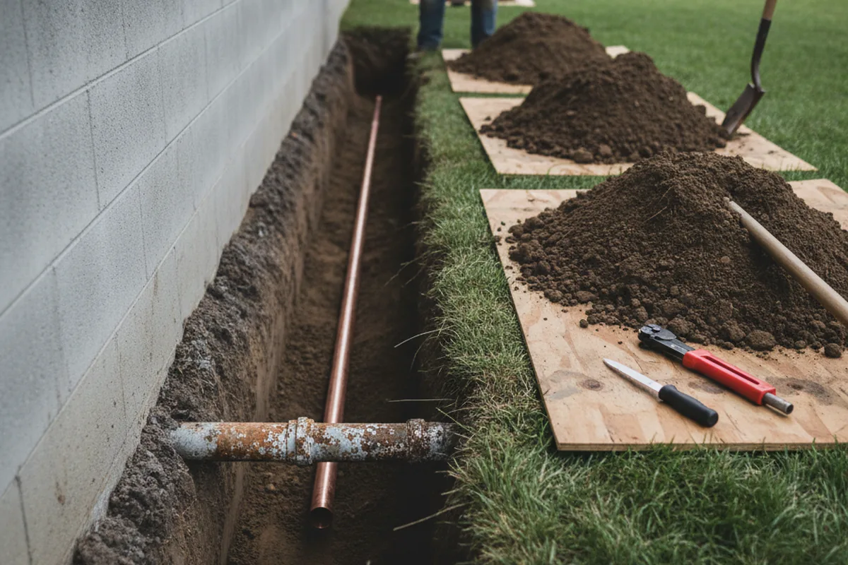 Excavated water line trench during Sewer Line Repair in Harvest
